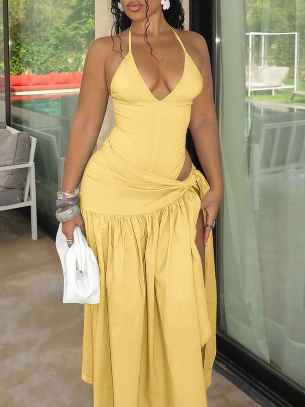 Yellow Halter Maxi Dress with Side Tie